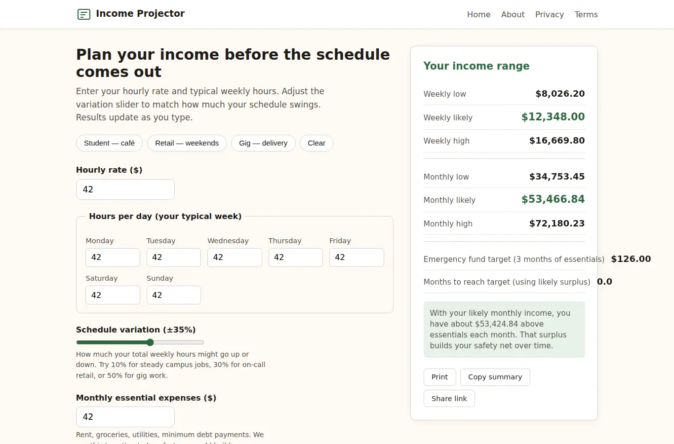 Screenshot of Part-Time Job Income Stability Projector interface showing the project page in use